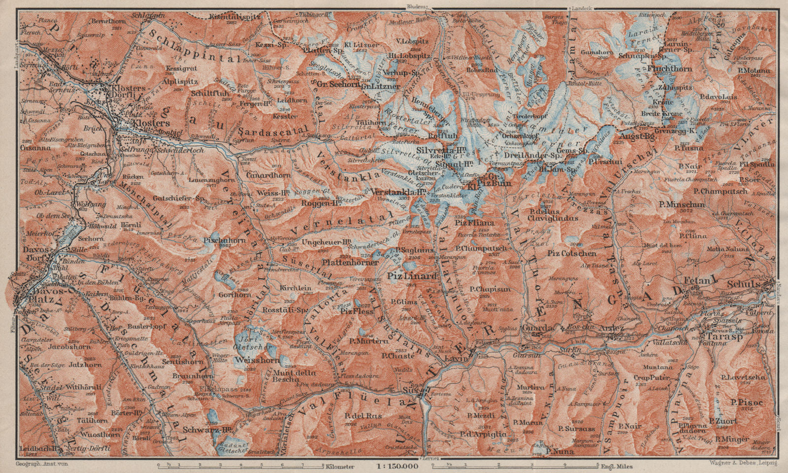 SILVRETTA GROUP. Klosters Davos Ftan Scuol Fluchthorn Lower Engadin 1909 map
